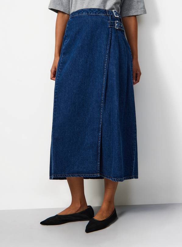 Dark Denim Pleated Tab Detail Midi Kilt Skirt 16